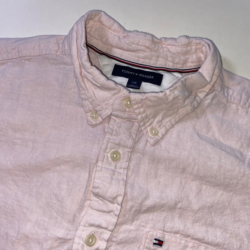 Tommy Hilfiger Mens Pink Linen Blend Short Sleeve Button Down Shirt Large B222